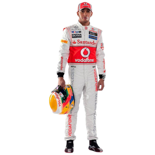 Lewis Hamilton 2012 McLaren F1 race suit replica silver Vodafone McLaren Mercedes design with red detailing and official sponsor logos from his final McLaren season

