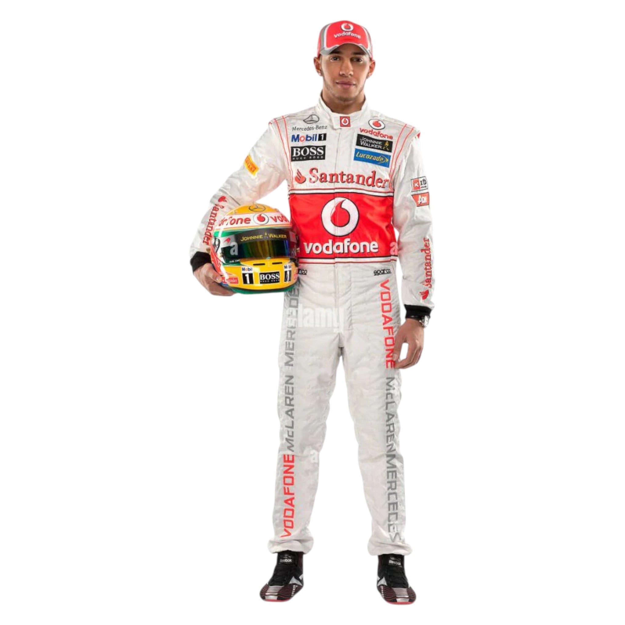 Lewis Hamilton 2012 McLaren F1 race suit in silver and red with Vodafone McLaren Mercedes sponsor logos