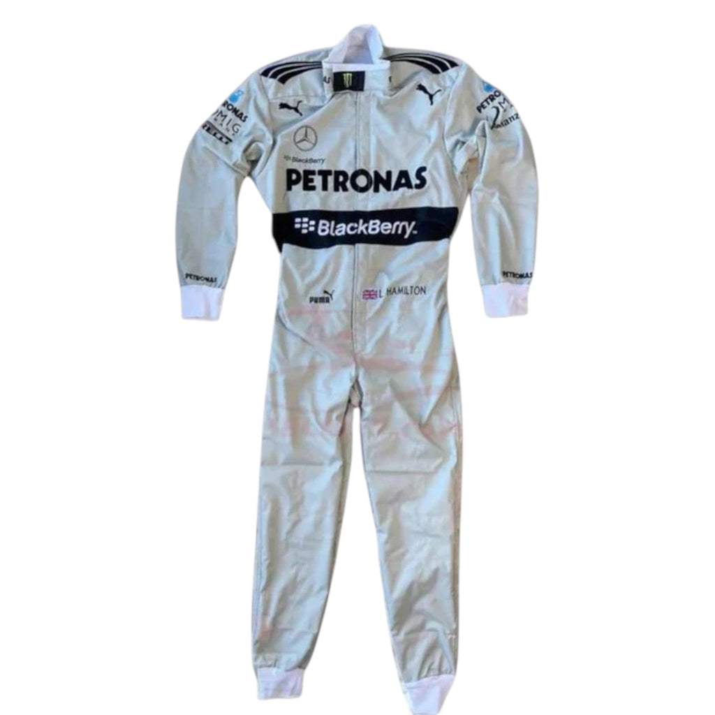 Lewis Hamilton 2013 Mercedes Petronas silver and black Formula 1 race suit with sponsor logos and detailed stitching