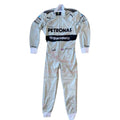 Lewis Hamilton 2013 Mercedes Petronas silver and black Formula 1 race suit with sponsor logos and detailed stitching