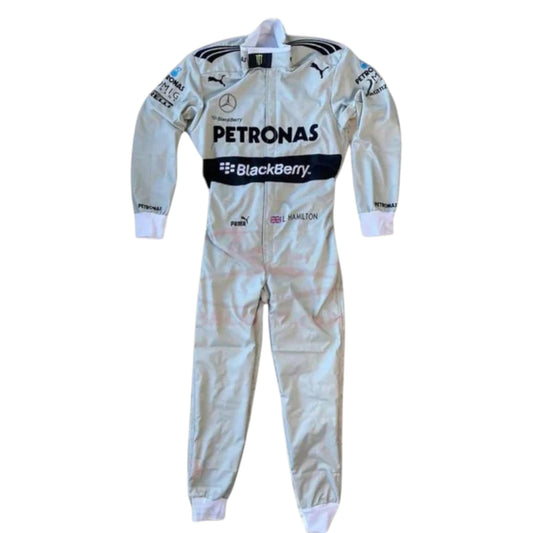 Lewis Hamilton 2013 Mercedes Petronas silver and black Formula 1 race suit with sponsor logos and detailed stitching