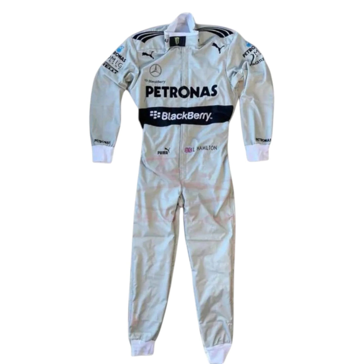 Lewis Hamilton 2013 Mercedes Petronas silver and black Formula 1 race suit with sponsor logos and detailed stitching