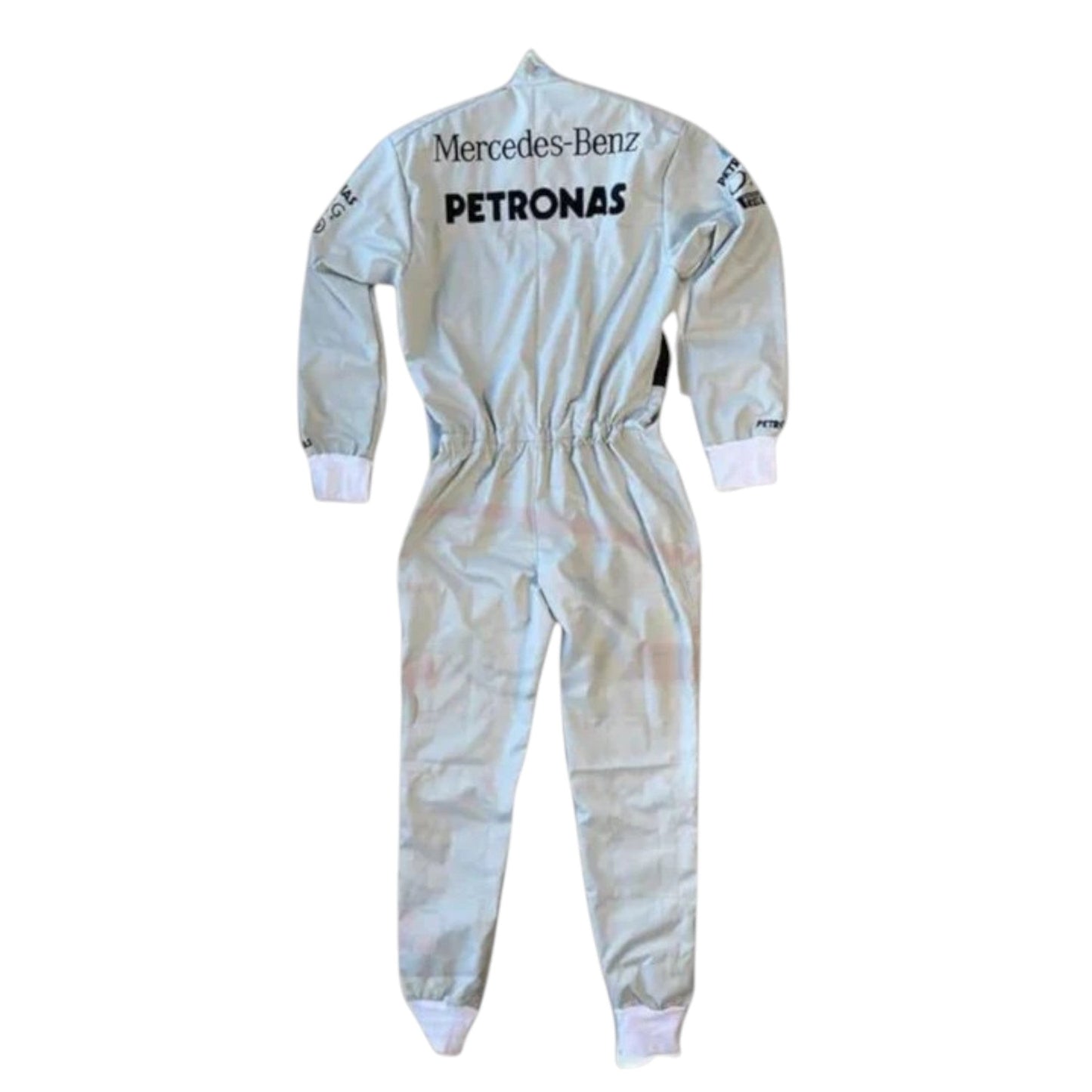 Lewis Hamilton 2013 Mercedes Petronas silver and black Formula 1 race suit with sponsor logos and detailed stitching