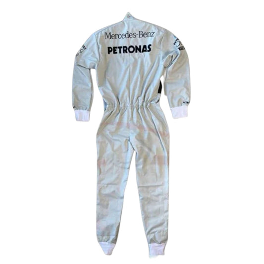 Lewis Hamilton 2013 Mercedes Petronas silver and black Formula 1 race suit with sponsor logos and detailed stitching
