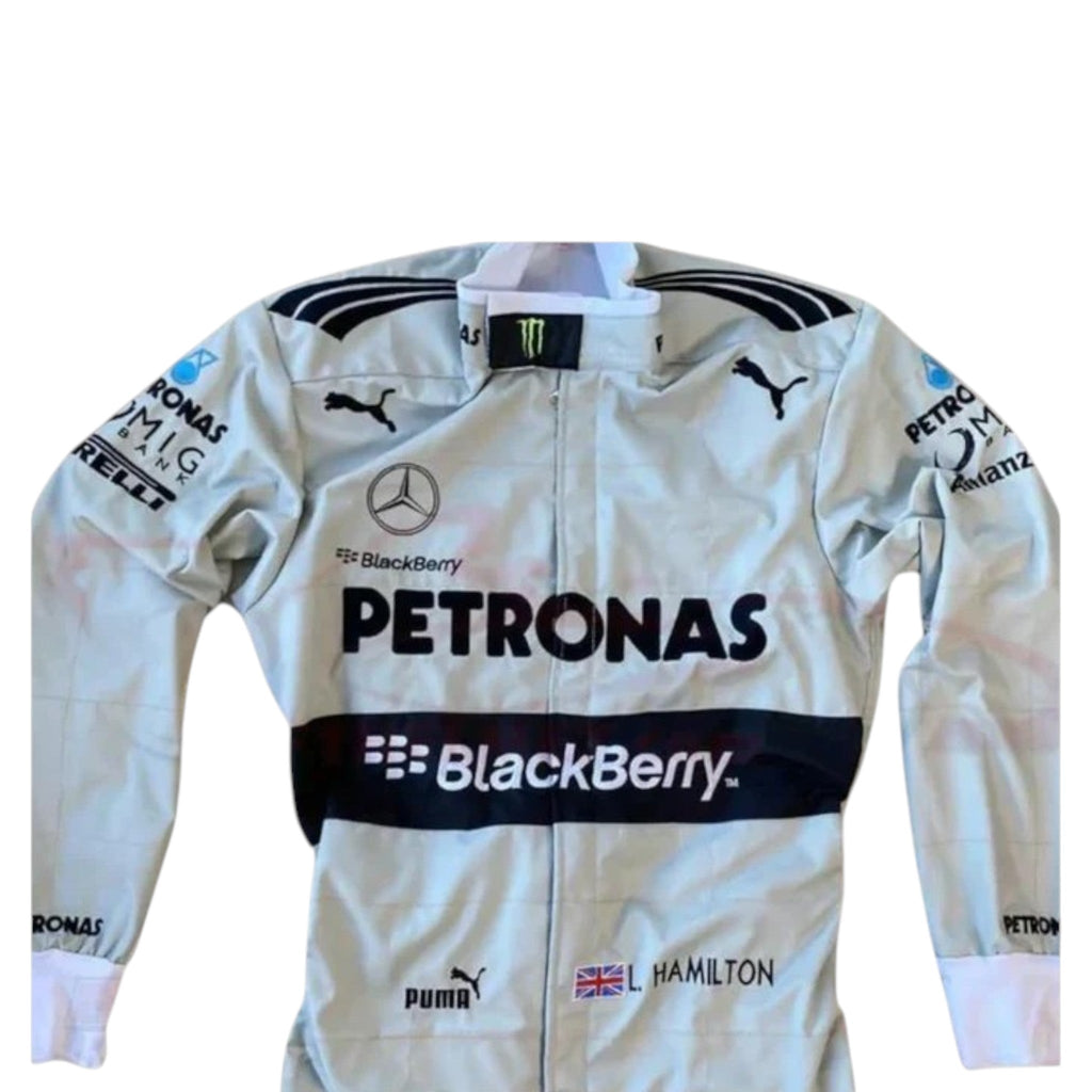 Lewis Hamilton 2013 Mercedes Petronas silver and black Formula 1 race suit with sponsor logos and detailed stitching