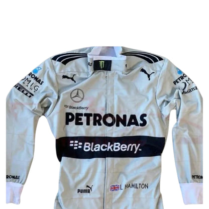 Lewis Hamilton 2013 Mercedes Petronas silver and black Formula 1 race suit with sponsor logos and detailed stitching