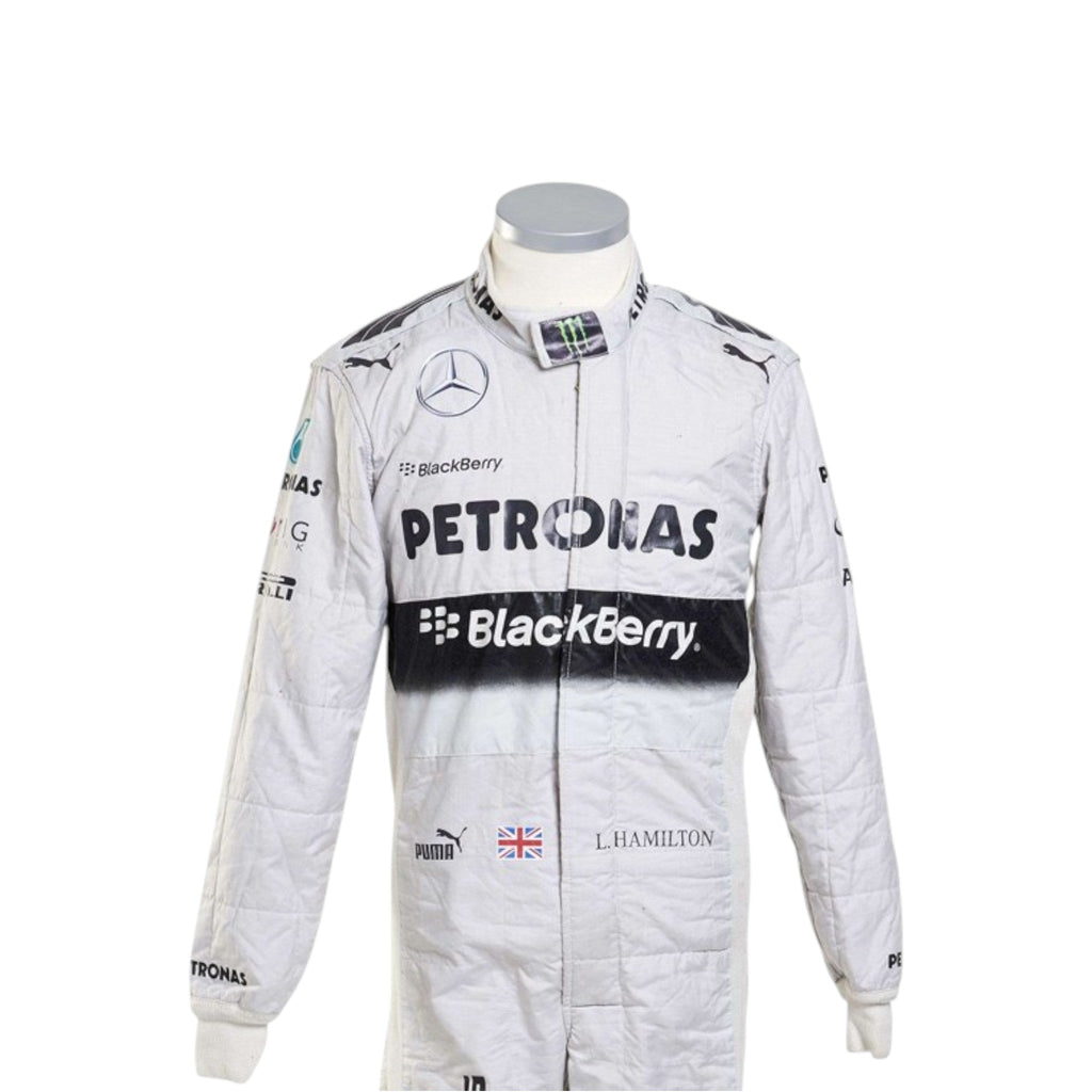 Lewis Hamilton 2014 Mercedes-AMG Petronas F1 race suit in white with black PETRONAS and BlackBerry branding