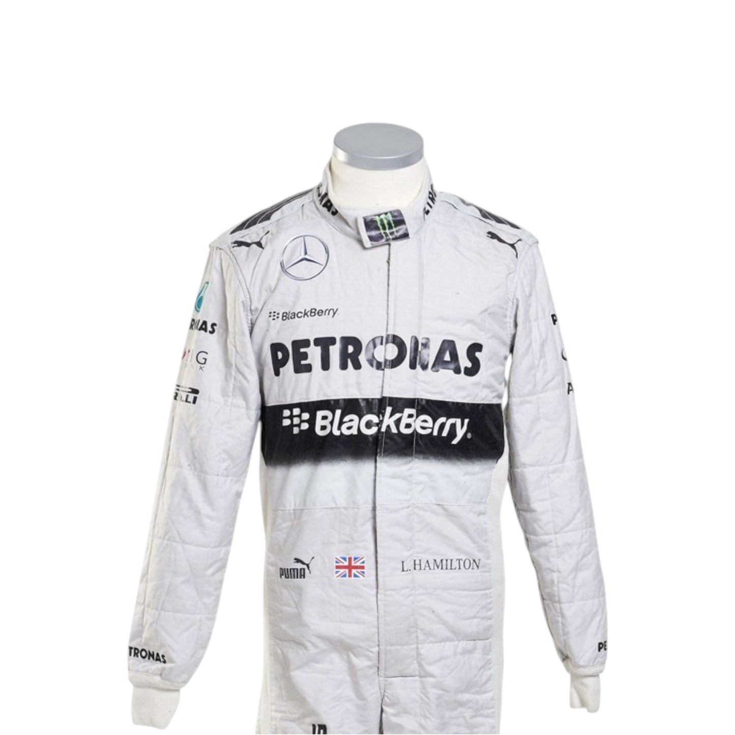 Lewis Hamilton 2014 Mercedes-AMG Petronas F1 race suit in white with black PETRONAS and BlackBerry branding
