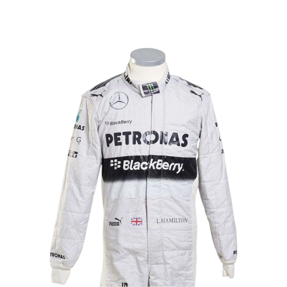 Lewis Hamilton 2014 Mercedes-AMG Petronas F1 race suit in white with black PETRONAS and BlackBerry branding