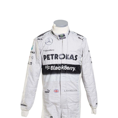 Lewis Hamilton 2014 Mercedes-AMG Petronas F1 race suit in white with black PETRONAS and BlackBerry branding