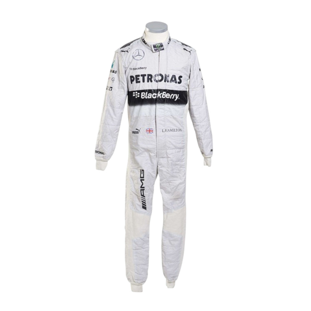 Lewis Hamilton 2014 Mercedes-AMG Petronas F1 race suit in white with black PETRONAS and BlackBerry branding