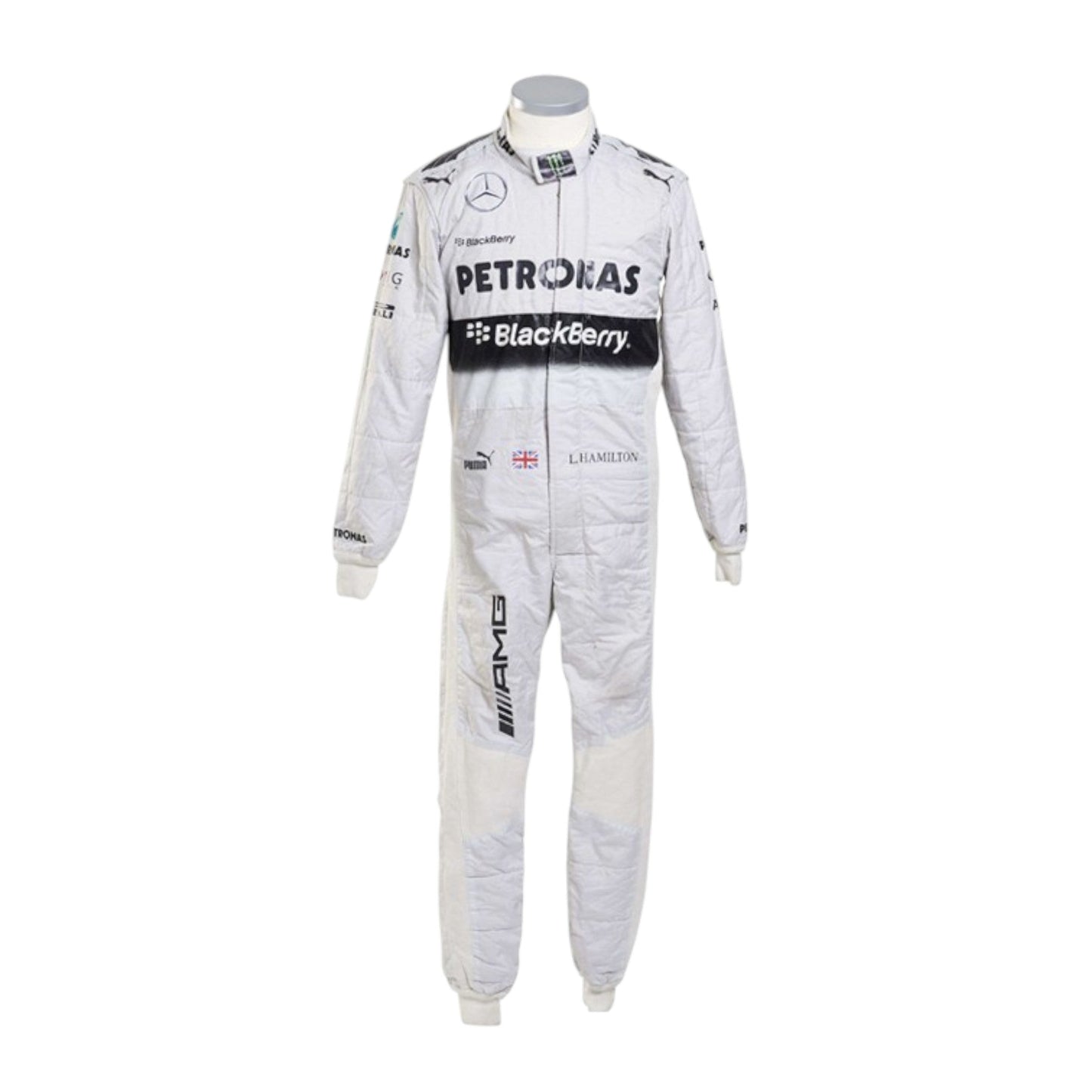 Lewis Hamilton 2014 Mercedes-AMG Petronas F1 race suit in white with black PETRONAS and BlackBerry branding