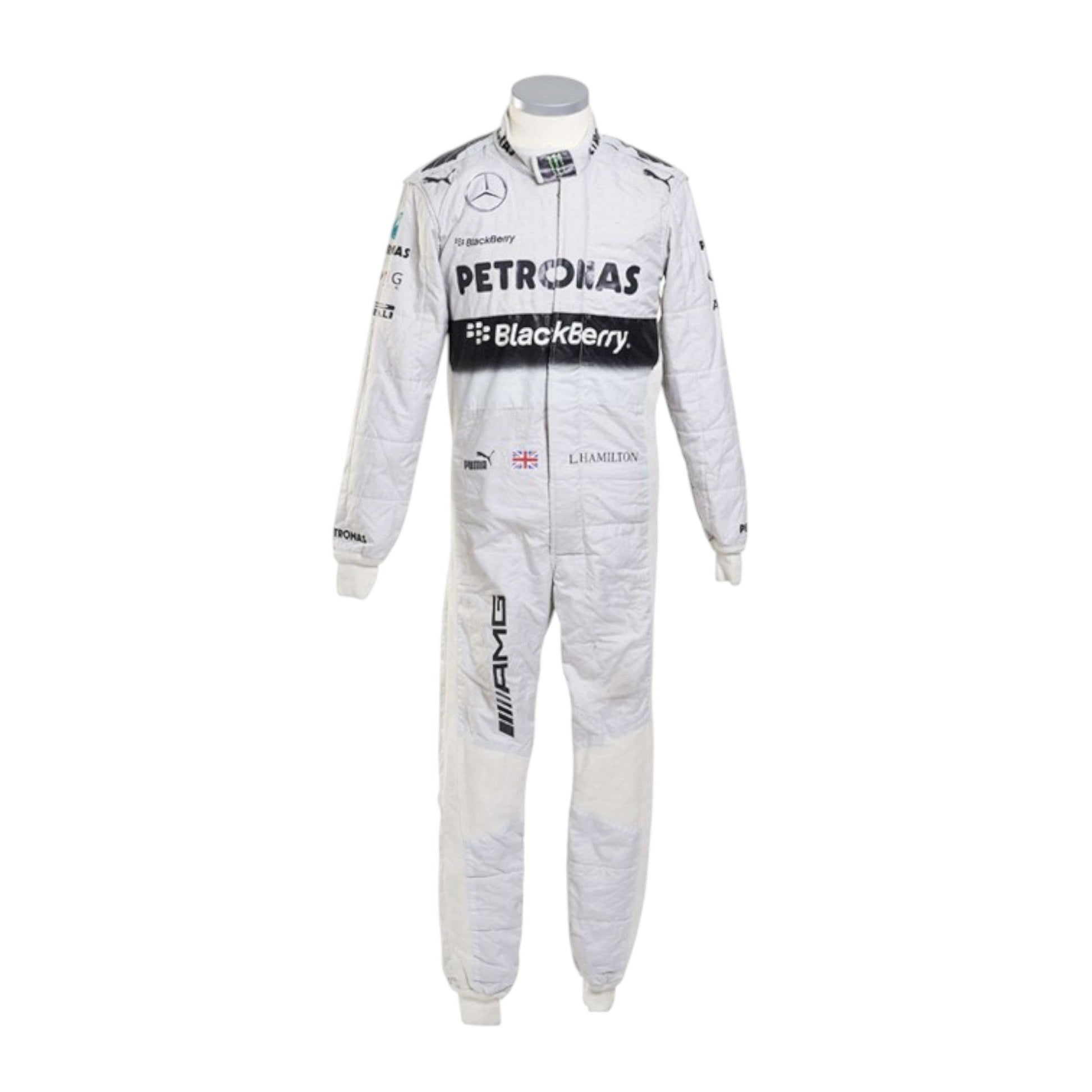 Lewis Hamilton 2014 Mercedes-AMG Petronas F1 race suit in white with black PETRONAS and BlackBerry branding