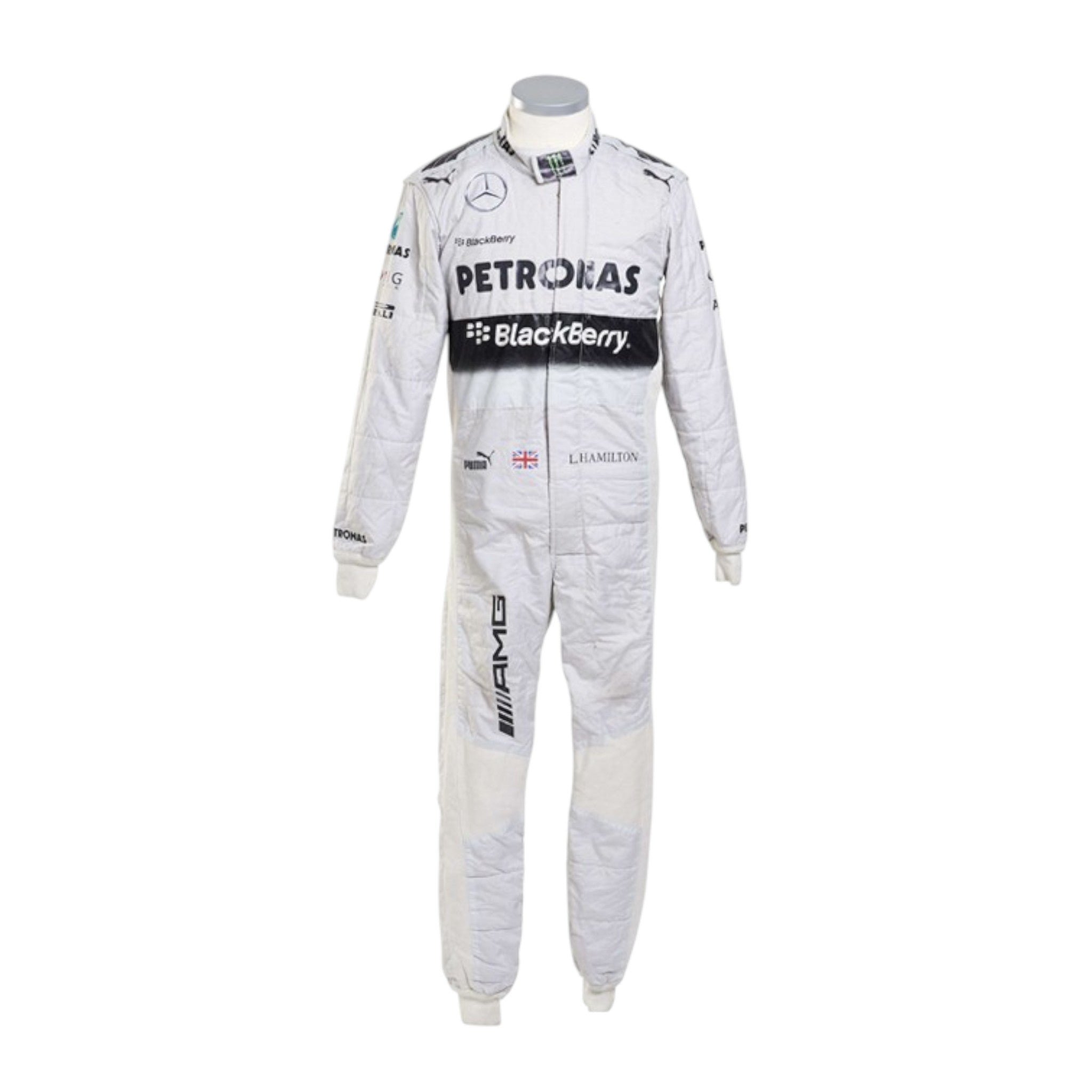 Lewis Hamilton 2014 Mercedes-AMG Petronas F1 race suit in white with black PETRONAS and BlackBerry branding