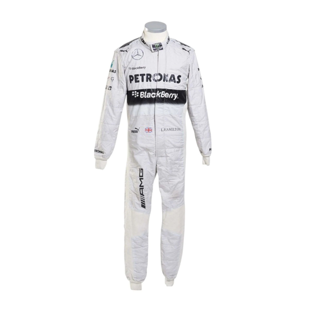 Lewis Hamilton 2014 Mercedes-AMG Petronas F1 race suit in white with black PETRONAS and BlackBerry branding