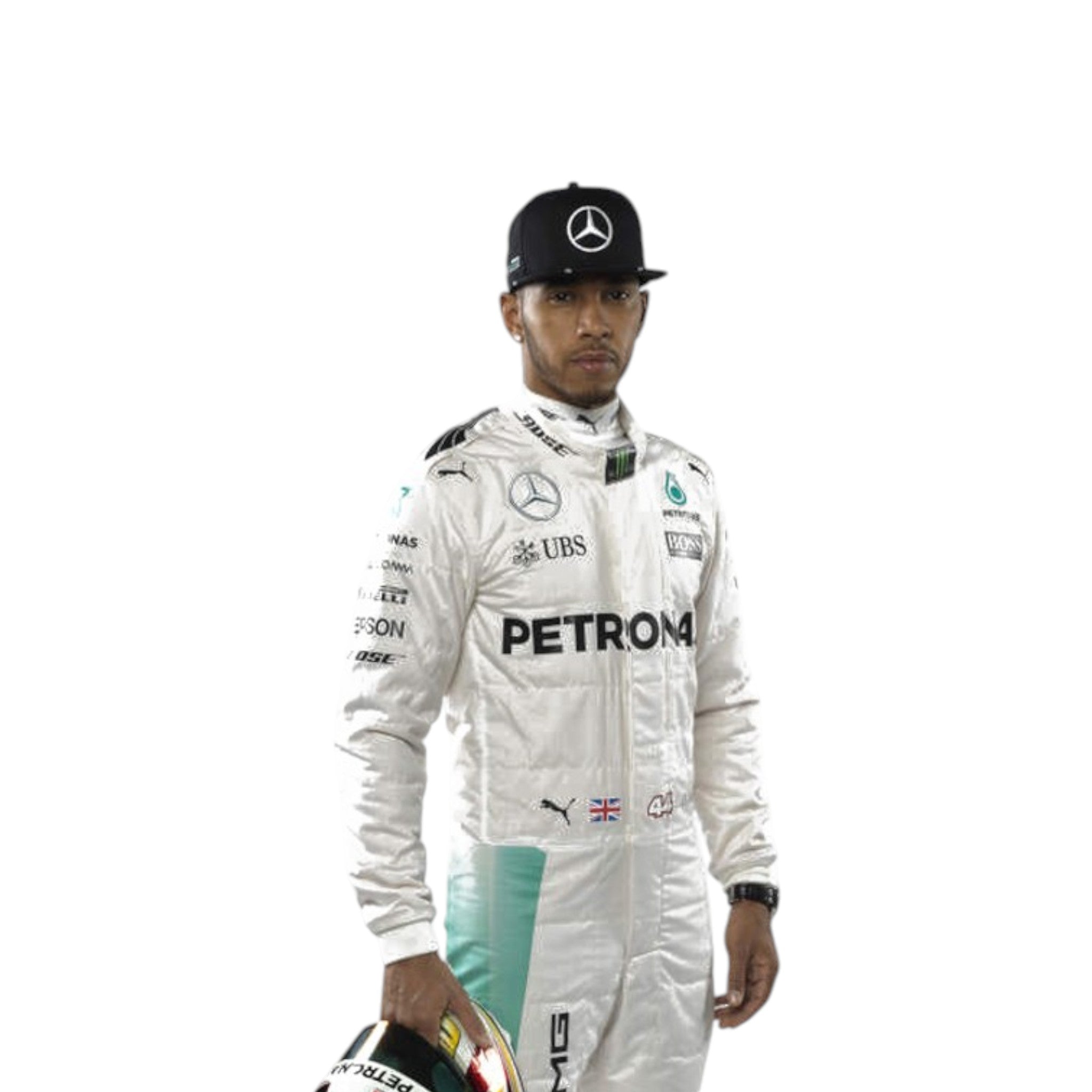 Lewis Hamilton 2016 Mercedes Petronas F1 race suit in white with PETRONAS teal accents and sponsor branding