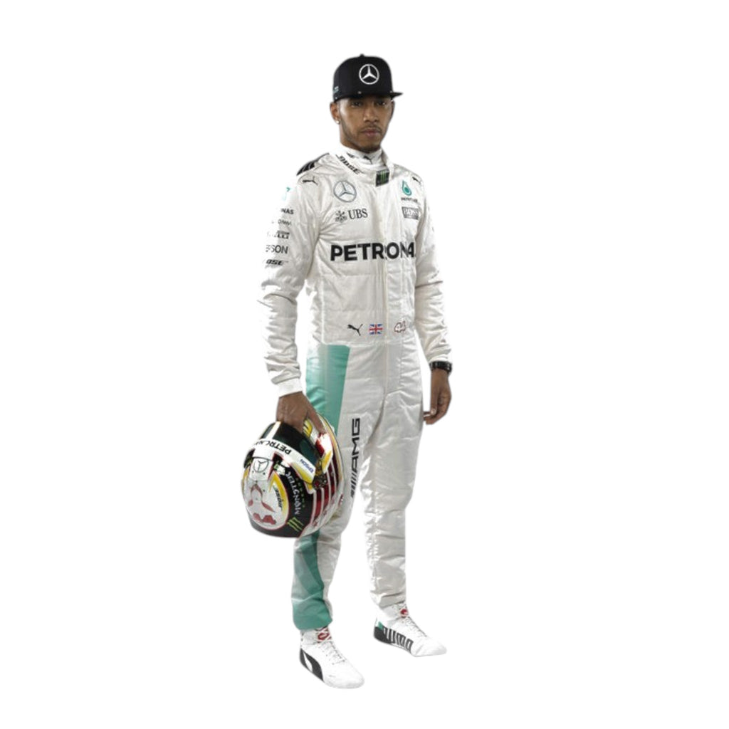 Lewis Hamilton 2016 Mercedes Petronas F1 race suit in white with PETRONAS teal accents and sponsor branding