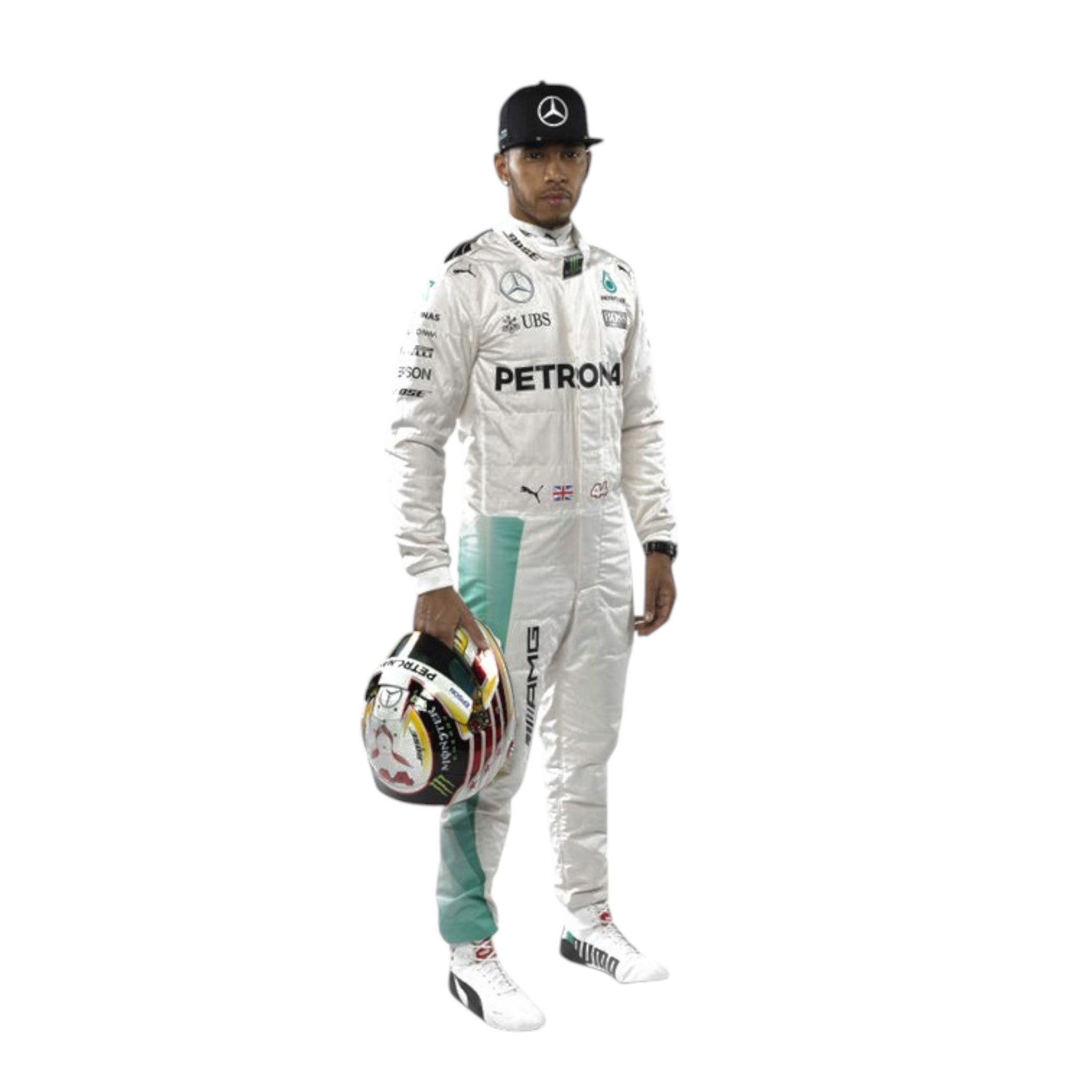 Lewis Hamilton 2016 Mercedes Petronas F1 race suit in white with PETRONAS teal accents and sponsor branding