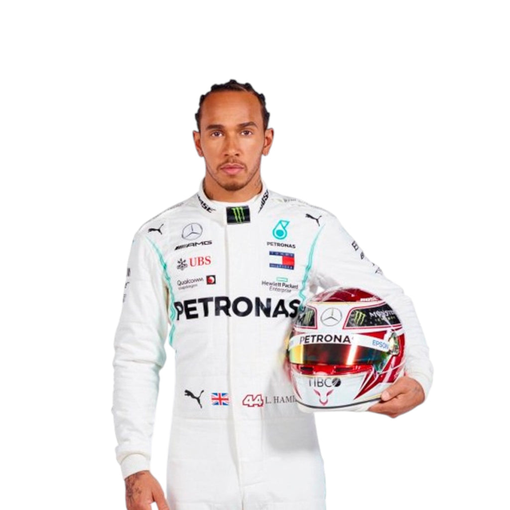Lewis Hamilton 2019 Mercedes-AMG Petronas F1 race suit in white with PETRONAS teal accents and sponsor branding