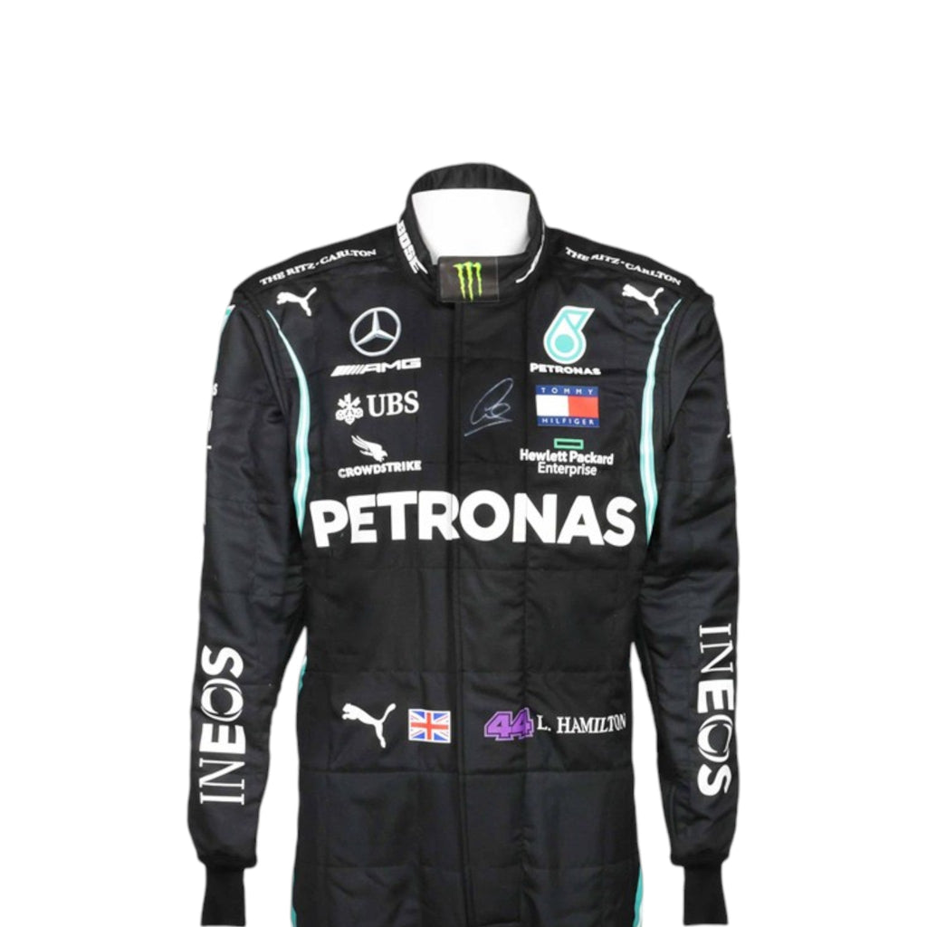 Black Lewis Hamilton 2020 Mercedes-AMG Petronas F1 race suit featuring teal side stripes and prominent white sponsor branding