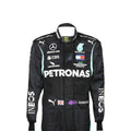 Black Lewis Hamilton 2020 Mercedes-AMG Petronas F1 race suit featuring teal side stripes and prominent white sponsor branding