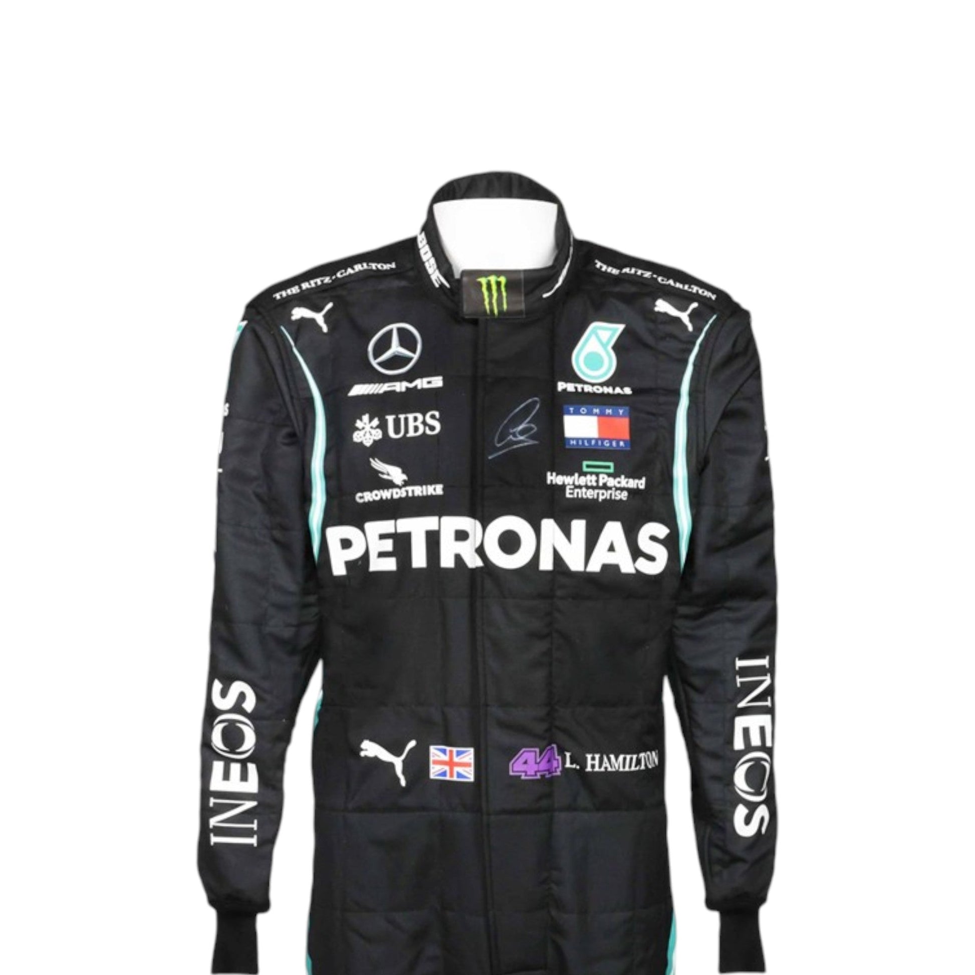 Black Lewis Hamilton 2020 Mercedes-AMG Petronas F1 race suit featuring teal side stripes and prominent white sponsor branding