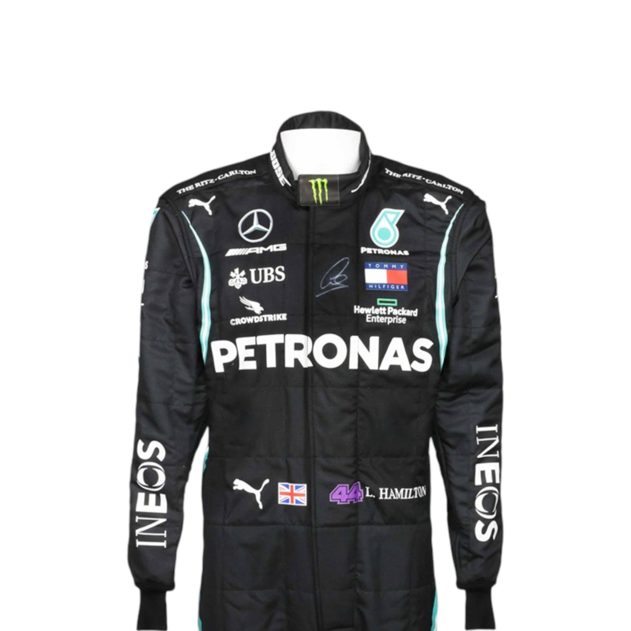 Black Lewis Hamilton 2020 Mercedes-AMG Petronas F1 race suit featuring teal side stripes and prominent white sponsor branding