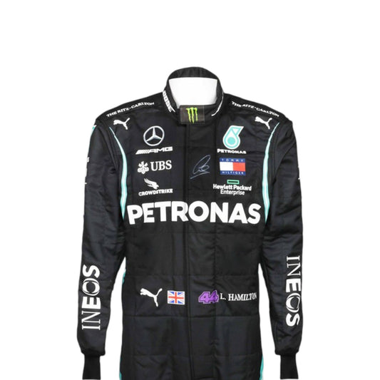 Black Lewis Hamilton 2020 Mercedes-AMG Petronas F1 race suit featuring teal side stripes and prominent white sponsor branding