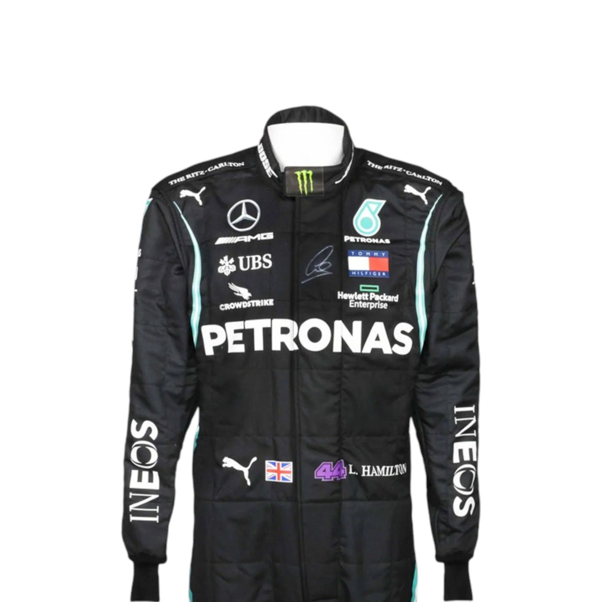 Black Lewis Hamilton 2020 Mercedes-AMG Petronas F1 race suit featuring teal side stripes and prominent white sponsor branding