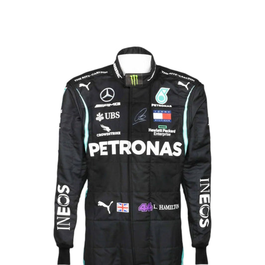 Black Lewis Hamilton 2020 Mercedes-AMG Petronas F1 race suit featuring teal side stripes and prominent white sponsor branding