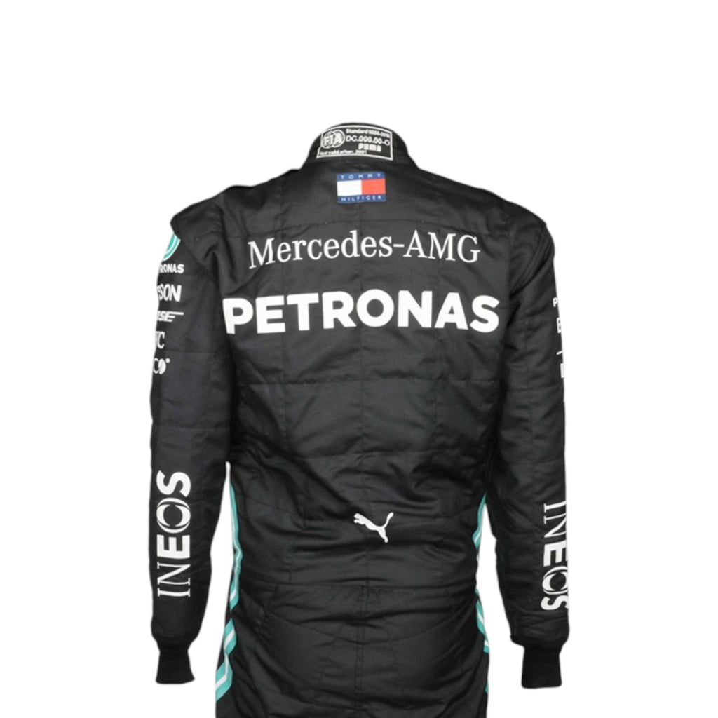 Black Lewis Hamilton 2020 Mercedes-AMG Petronas F1 race suit featuring teal side stripes and prominent white sponsor branding