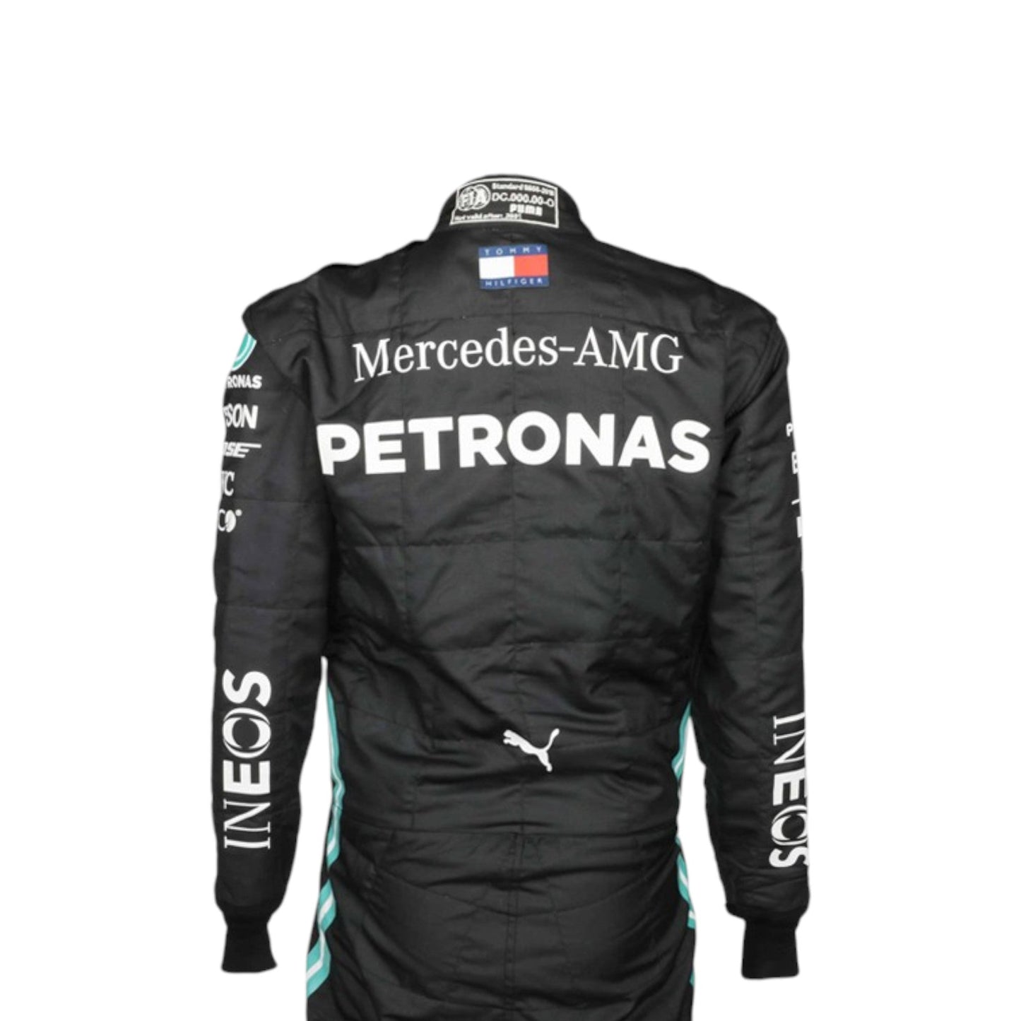 Black Lewis Hamilton 2020 Mercedes-AMG Petronas F1 race suit featuring teal side stripes and prominent white sponsor branding