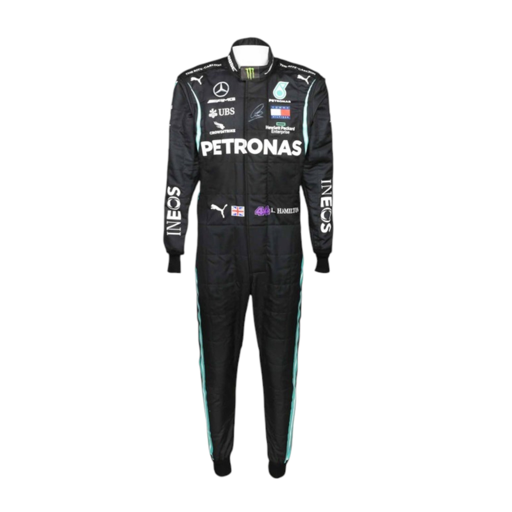 Black Lewis Hamilton 2020 Mercedes-AMG Petronas F1 race suit featuring teal side stripes and prominent white sponsor branding