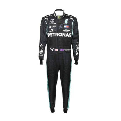 Black Lewis Hamilton 2020 Mercedes-AMG Petronas F1 race suit featuring teal side stripes and prominent white sponsor branding