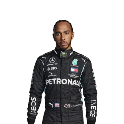 Lewis Hamilton 2021 Mercedes-AMG Petronas F1 race suit in black with PETRONAS teal accents and sponsor branding