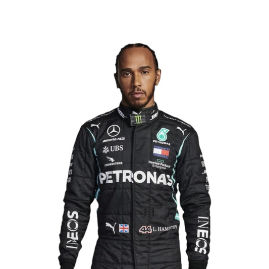 Lewis Hamilton 2021 Mercedes-AMG Petronas F1 race suit in black with PETRONAS teal accents and sponsor branding