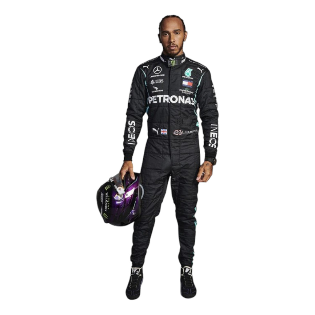 Lewis Hamilton 2021 Mercedes-AMG Petronas F1 race suit in black with PETRONAS teal accents and sponsor branding