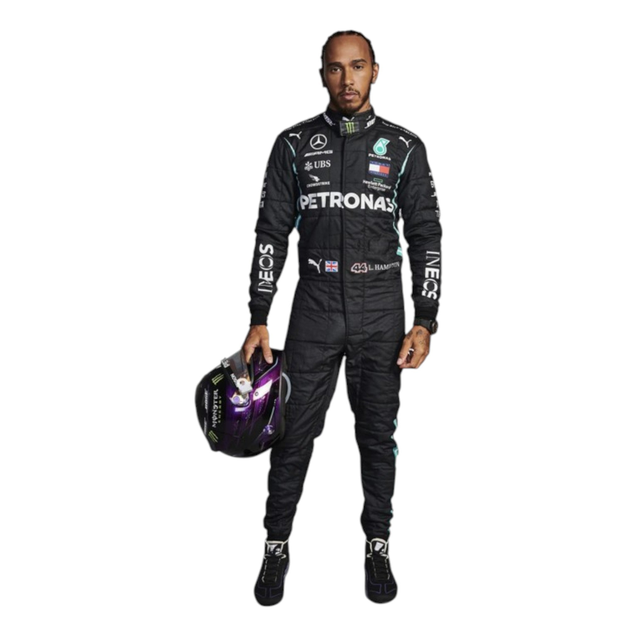 Lewis Hamilton 2021 Mercedes-AMG Petronas F1 race suit in black with PETRONAS teal accents and sponsor branding