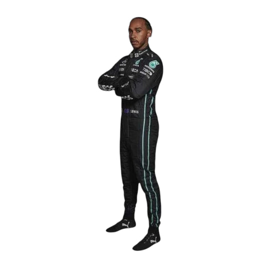 Lewis Hamilton 2022 Mercedes-AMG Petronas F1 race suit in black with PETRONAS teal accents and sponsor branding