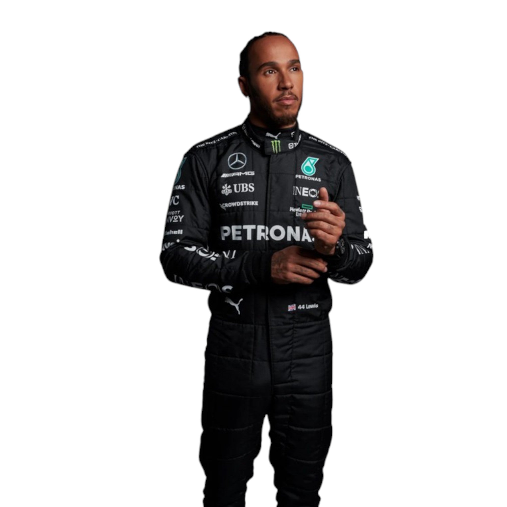 Lewis Hamilton 2023 Mercedes-AMG Petronas F1 race suit in black with PETRONAS teal accents and sponsor branding