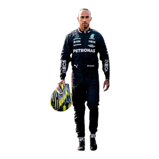 Lewis Hamilton 2023 Mercedes-AMG Petronas F1 race suit in black with PETRONAS teal accents and sponsor branding
