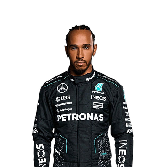 Lewis Hamilton 2024 Mercedes AMG Petronas F1 race suit in black with teal accents and sponsor logos