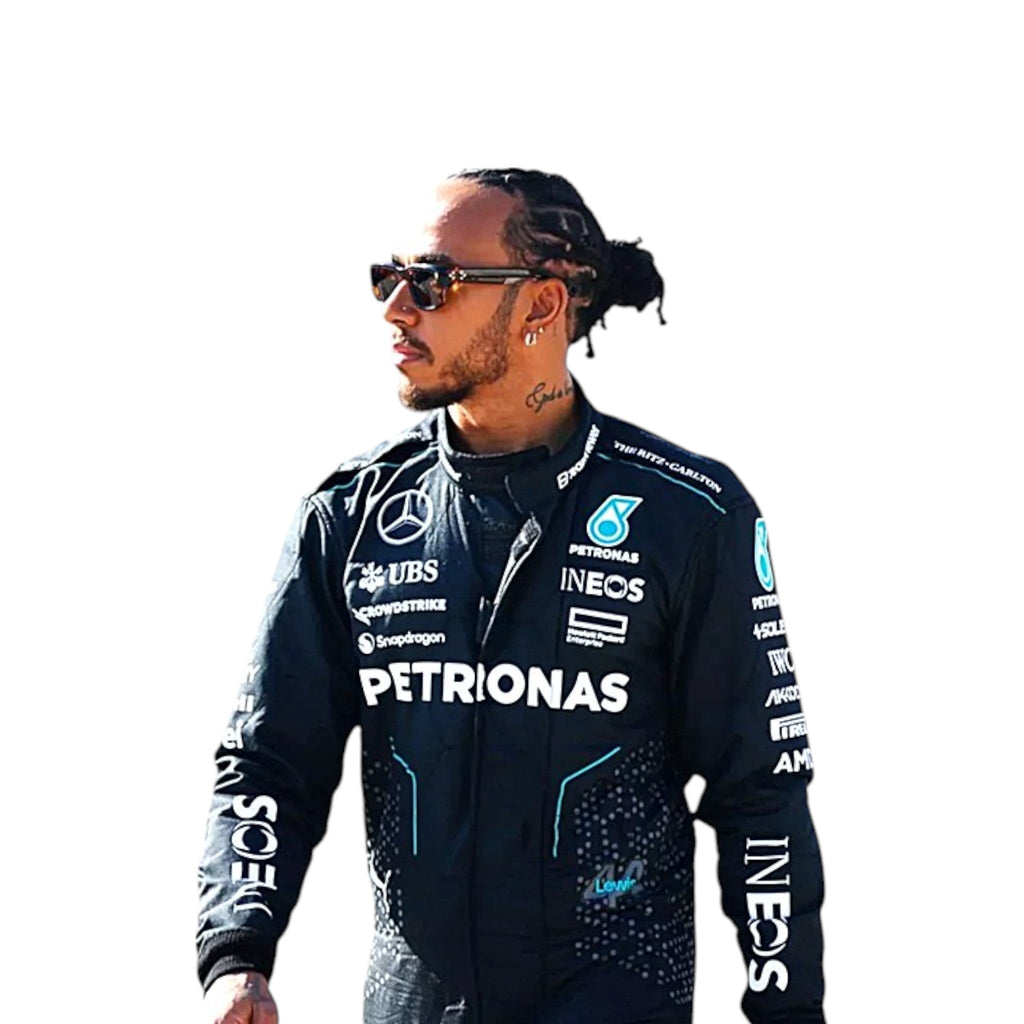 Lewis Hamilton 2024 Mercedes AMG Petronas F1 race suit in black with teal accents and sponsor logos