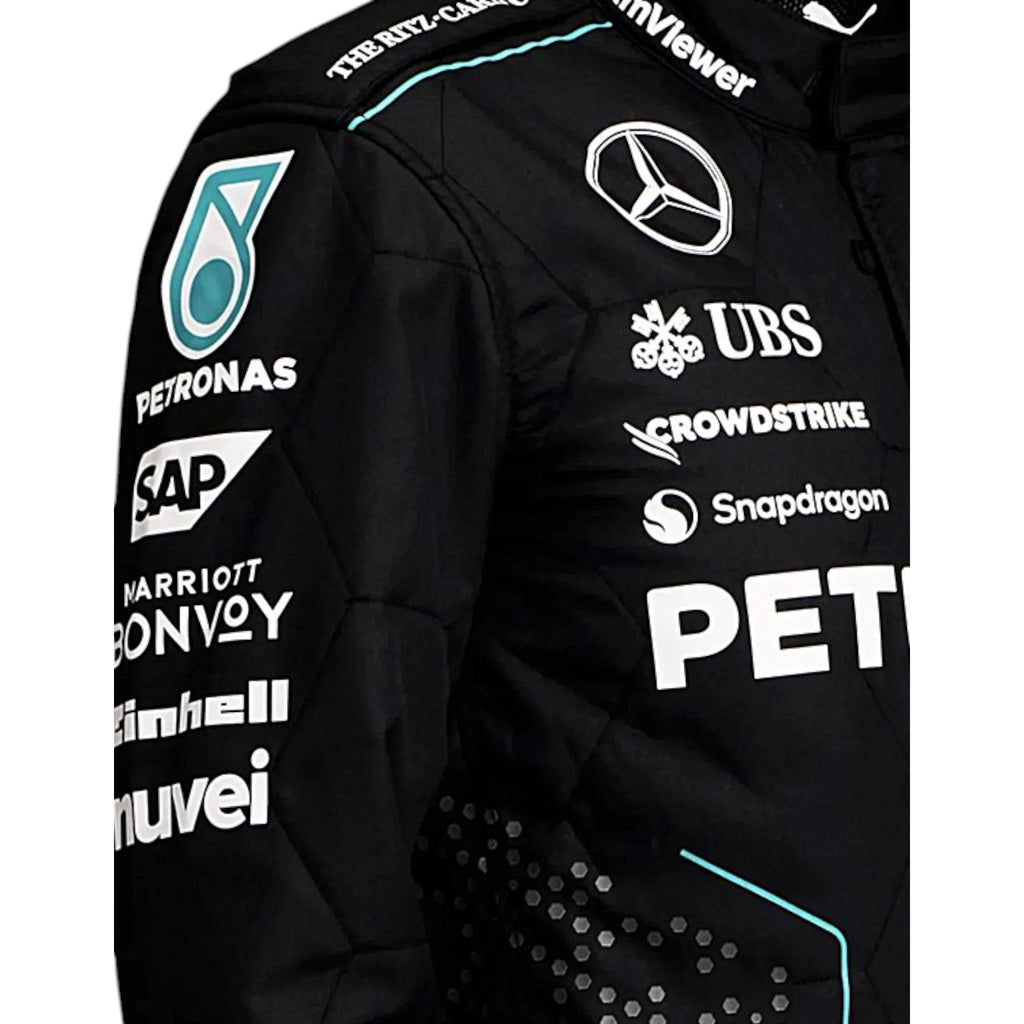 Lewis Hamilton 2024 Mercedes AMG Petronas F1 race suit in black with teal accents and sponsor logos