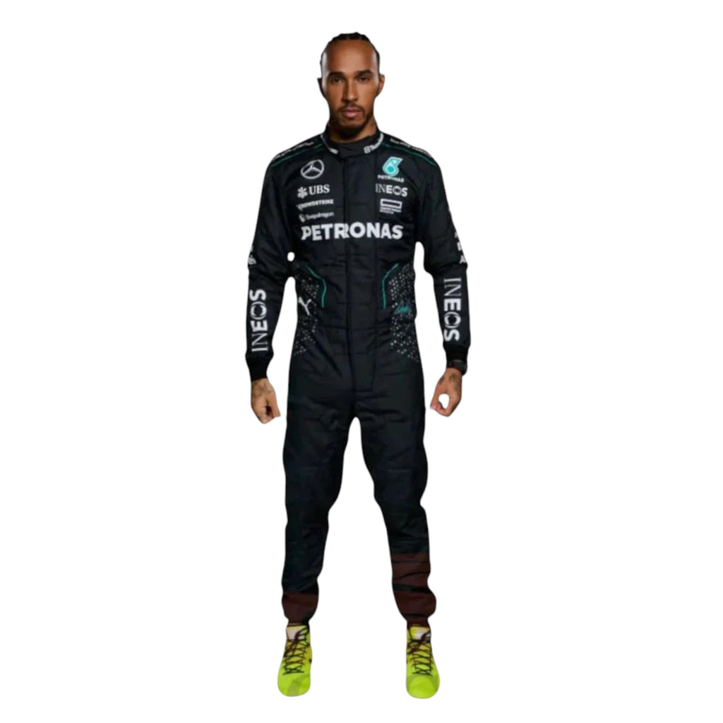 Lewis Hamilton 2024 Mercedes AMG Petronas F1 race suit in black with teal accents and sponsor logos