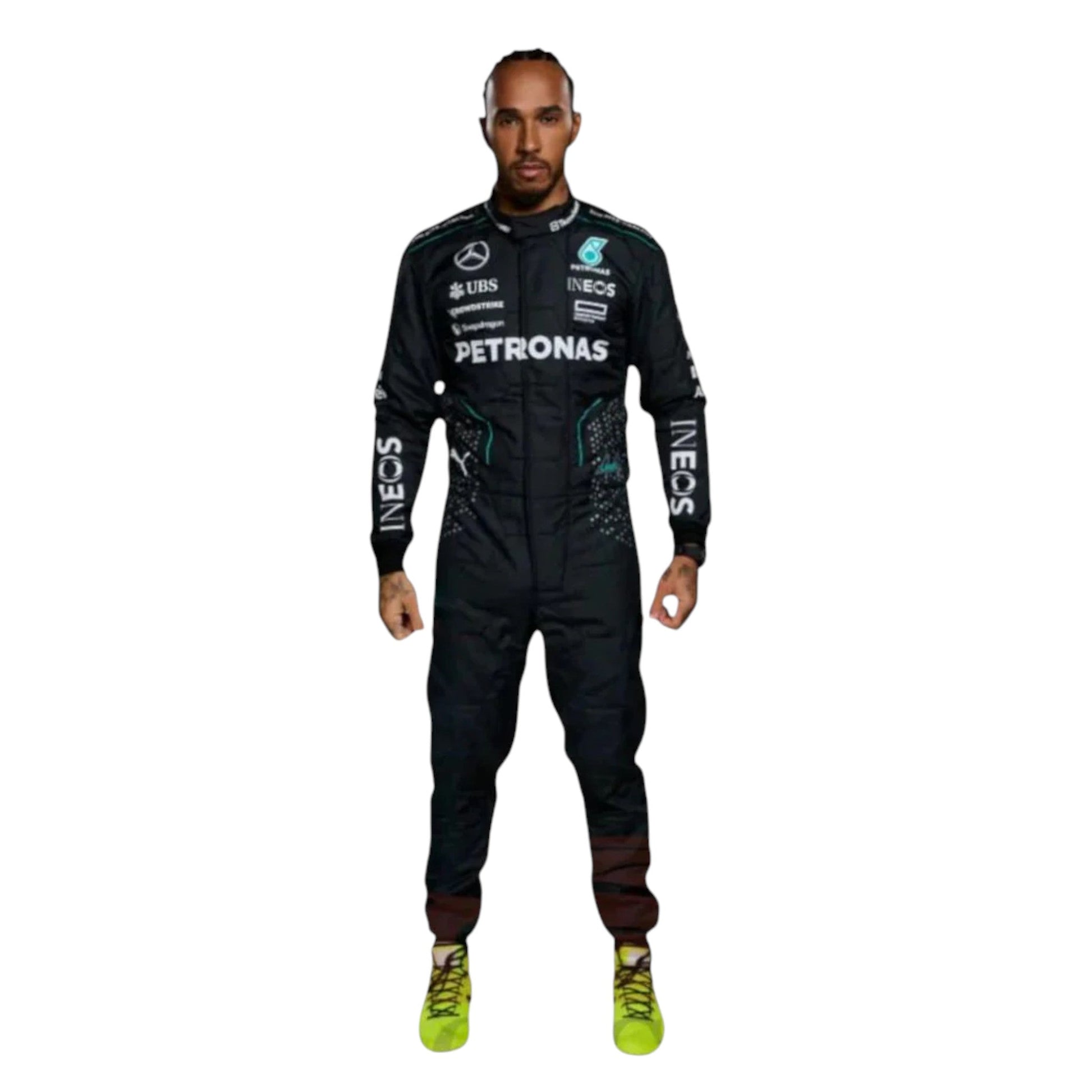 Lewis Hamilton 2024 Mercedes AMG Petronas F1 race suit in black with teal accents and sponsor logos