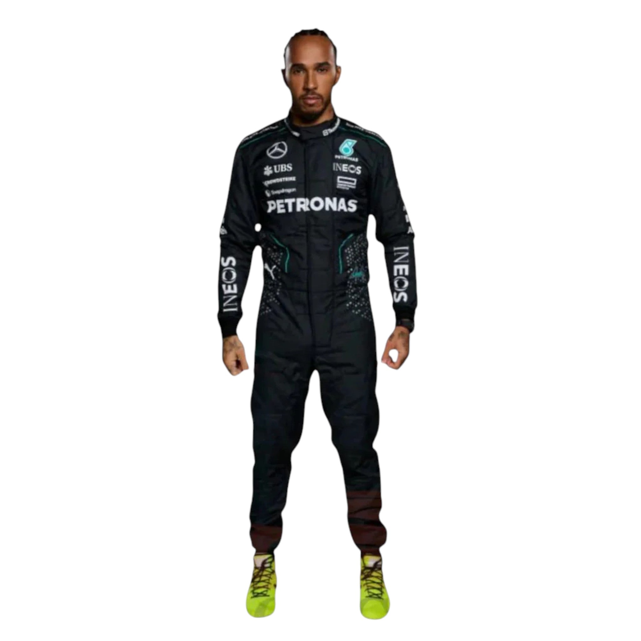 Lewis Hamilton 2024 Mercedes AMG Petronas F1 race suit in black with teal accents and sponsor logos