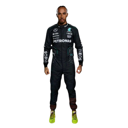 Lewis Hamilton 2024 Mercedes AMG Petronas F1 race suit in black with teal accents and sponsor logos