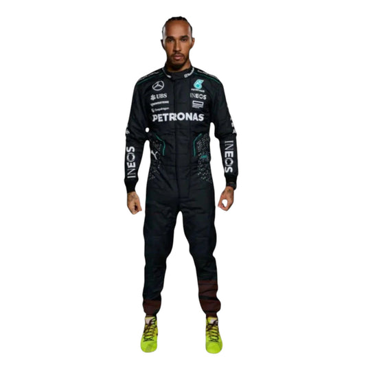 Lewis Hamilton 2024 Mercedes AMG Petronas F1 race suit in black with teal accents and sponsor logos