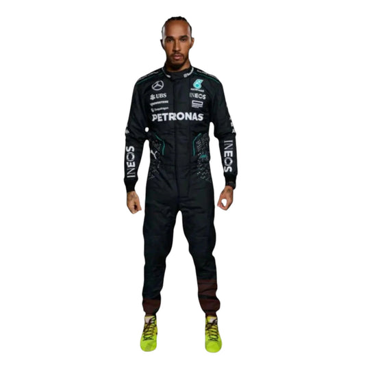 Lewis Hamilton 2024 Mercedes AMG Petronas F1 race suit in black with teal accents and sponsor logos